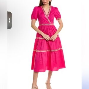 Flora Bea NYC, azaria Pink Puff Sleeve Tiered Midi Dress, Size S | 0310